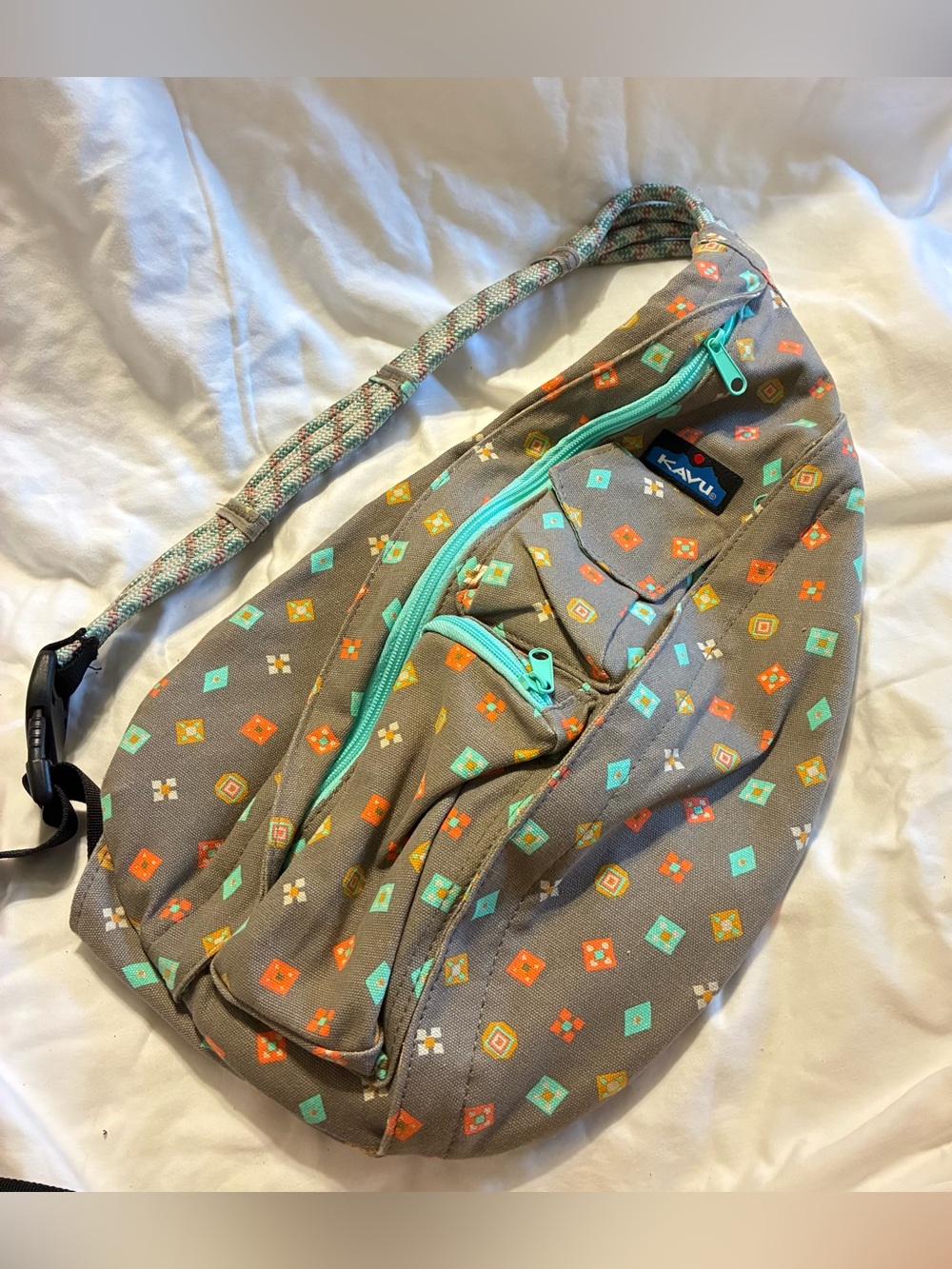 Kavu Gray Crossbody Sling with Teal and Orange Diamond Print